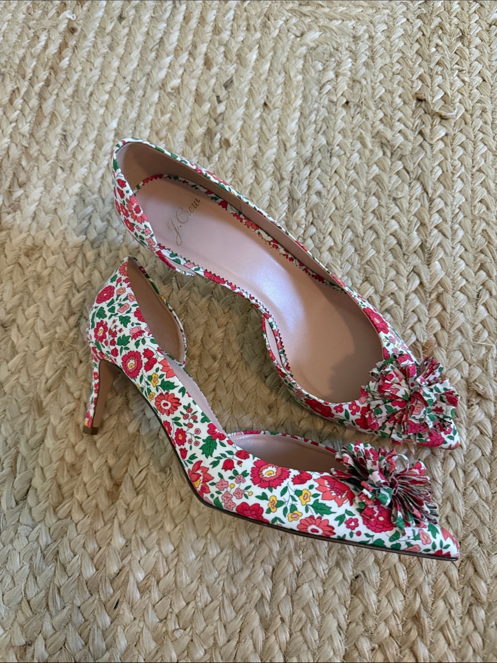 J. Crew Floral Pointed Pump in Pink and Green with Bow Detail